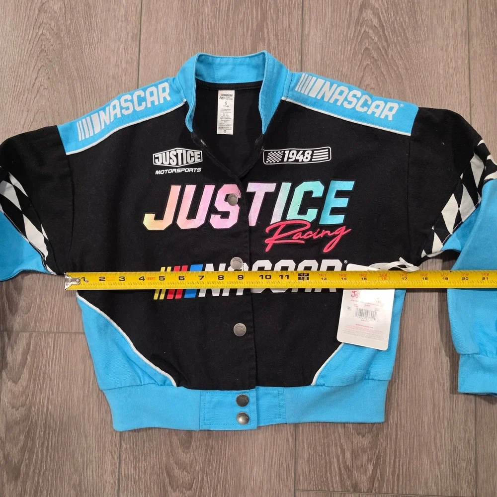 Justice x NASCAR Girls Racing Jacket Black Blue Snap Front Bomber Size S 7-8 NEW